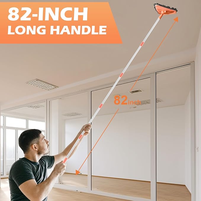 RONSUNG Wall Cleaner Triangle Mop with 82'' Long Handle - Wall Scrubber, Cleaning Washer Tool with 6 Pads for Clean Walls, Ceiling, Windows, Floors, Baseboards (Orange)