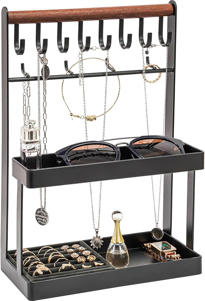 Lolalet 4-Tier Jewelry Organizer Stand with 12 Hooks, Necklace Bracelet Ring & Sunglasses Holder, Cute Metal Jewelry Storage Rack for Vanity, Dresser or Entryway, No Assembly -Black