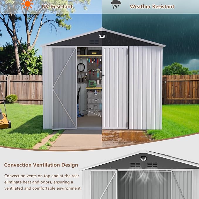 10X8 FT Outdoor Storage Shed, Metal Garden Shed - Tool Storage Sheds with Lockable Doors, Waterproof Outside Storage Building for Backyard, Patio (White; Floor Not Included)