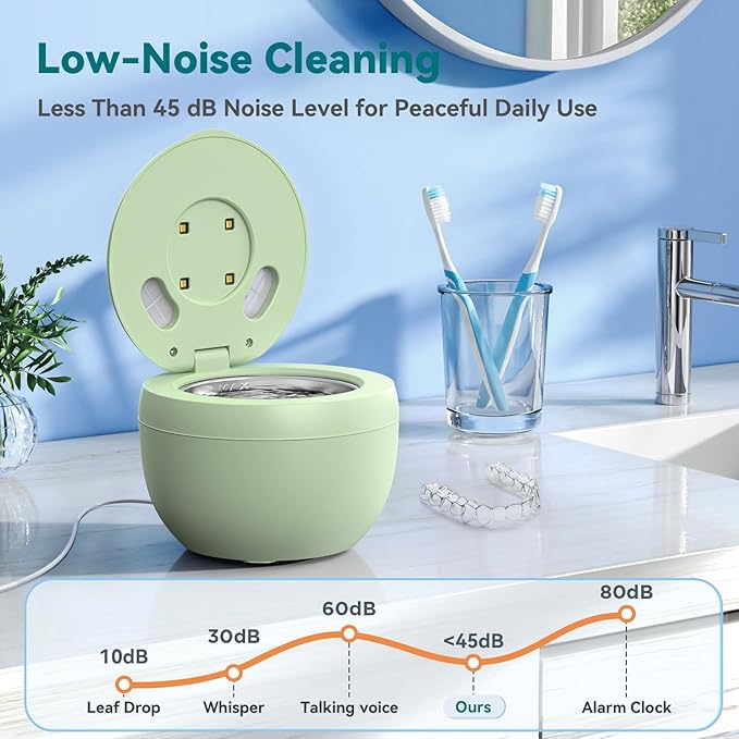 Dental Ultrasonic Retainer Cleaner Machine: 45kHz Dental Cleaning Pod for Denture, Mouth Guard, Night Guard, Aligner, Braces, Toothbrush Head & Jewelry, UV Cleaner with Digital Timer & 4 Modes, Green