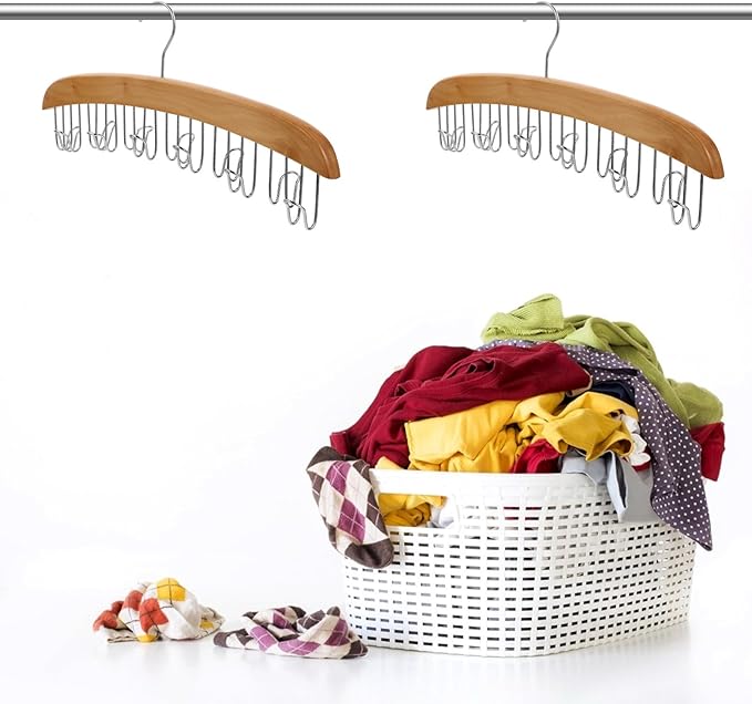 Wooden Tie Hanger Organizer with 12 Hooks, Non-Slip Belt Rack for Closet Storage, Multi-Functional Accessory Organizer for Home and Clothing Store Use