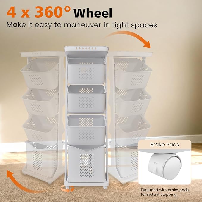 4-Tier Laundry Hamper Sorter, Vertical Rolling Laundry Baskets with Wheels Removable, Stackable Laundry Cart Organizer and Storage for Small Space, Dorm, Closet, Bathroom