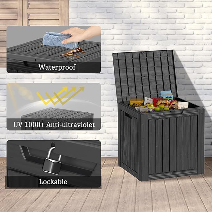 Outdoor Storage Box, 35 Gallon Resin Deck Box Waterproof for Patio, Poolside and Garden, Lockable UV-Resistant Storage Bin Bench Cabinet for Small Spaces, Black