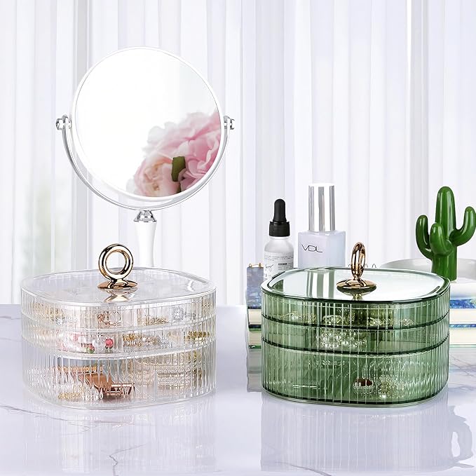 LETURE 3-Layer Acrylic Jewelry Organizer Box for Stud Earrings, Rings, Necklaces, Bracelets, Claw Clip Organizer, Small Bead Storage Containers for Crafts (Green)