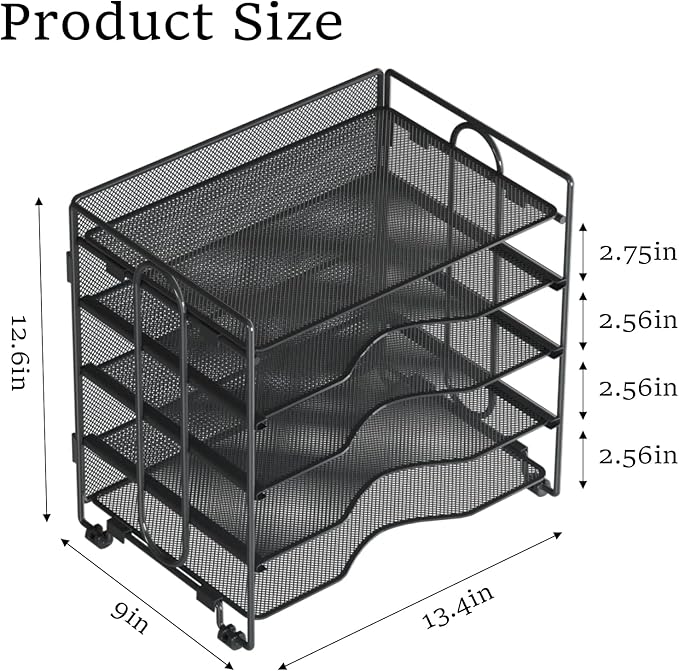 Letter Tray Paper Organizer, 5 Tier Desk Organizers Black Mesh Stackable Paper File Holder for Home Office, Document Shelves and Sorter 13.4Lx9Wx12.6H inches