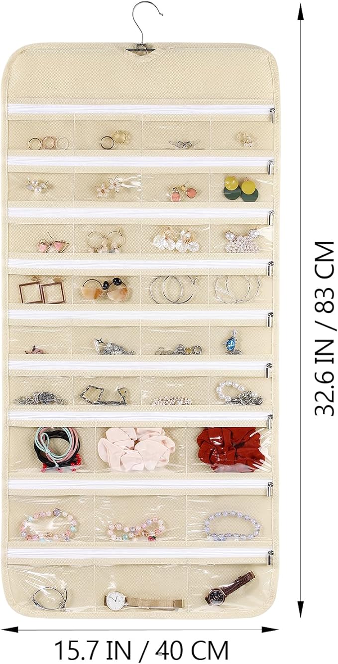 Cabilock Hanging Jewelry Organizer Wall Holder: Double Sided Zipper Earring storage Pocket with 66 Pockets Wall Closet Necklace Hanger for Earrings Bracelet Watch Ring
