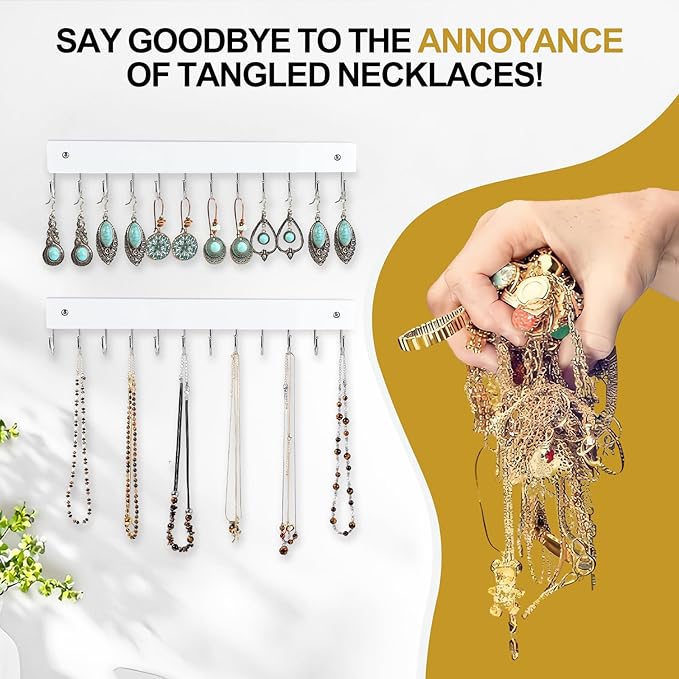 Hanging Jewelry Organizer, 2 Pack Necklace Holder for Wall White Wooden Necklace Organizer Hangers with 24 Hooks Jewelry Display Hangers Wall Mounted for Necklaces, Earrings, Bracelets, Keys