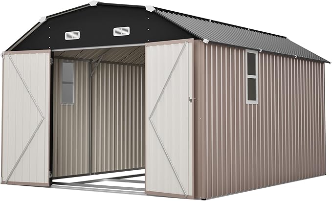 10×12 FT Outdoor Storage Shed,Heavy-Duty Metal Shed with Floor Base,All Weather Waterproof Tool Shed W/Diamond Roof & Windows,Lockable Double Door & 4 Air Vents,for Backyard,Patio,Lawn,Brown