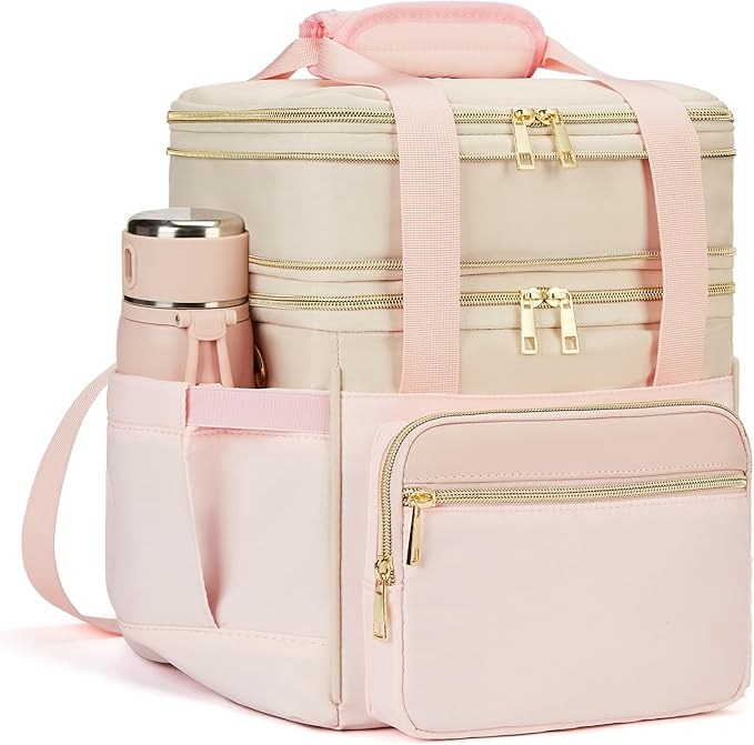Insulated Lunch Bag & Lunch Box for Women - Double Deck Reusable Lunch Bag for men Tote Cooler Bag Leakproof Soft Expandable - Large Lunchbox for Work/Adult/Picnic/Outdoor (Pink，15L)