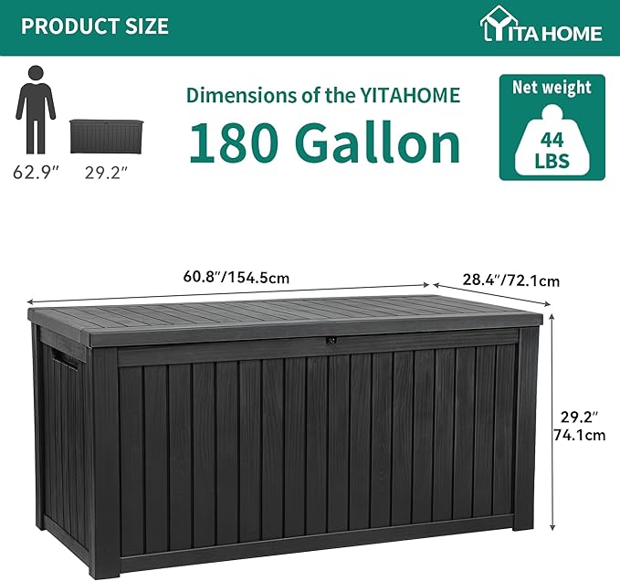 YITAHOME 180 Gallon Large Outdoor Storage XL Deck Box w/Divider for Patio Furniture,Outdoor Cushions, Garden Tools, Sports Equipment and Pool Supplies, Waterproof, Resin, Lockable, Black