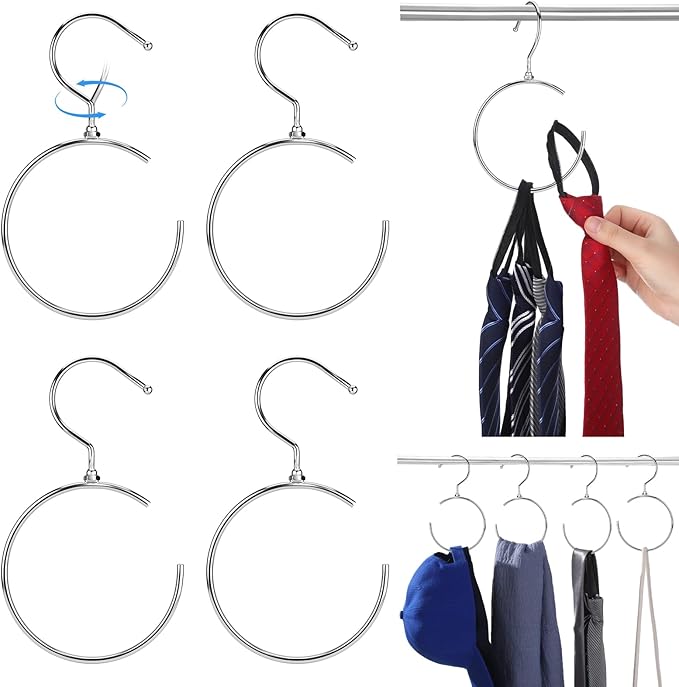 4 Pack Belt Hangers for Closet Rotatable Belt Ring Hook Tie Rack Holders Closet Hanger Organizer for Ties Scarves Baseball Cap Wardrobe Accessory Storage(Silver)