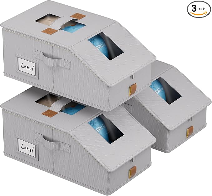 FHSQX 3PCS Hat Organizer for Baseball Caps Stackable Storage Bins With Clear Window Lid Holds Up To 36 Caps Space-Saving Hat Boxes for Closet (Light Grey, (17.7 * 9.1 * 7.1in)*3)
