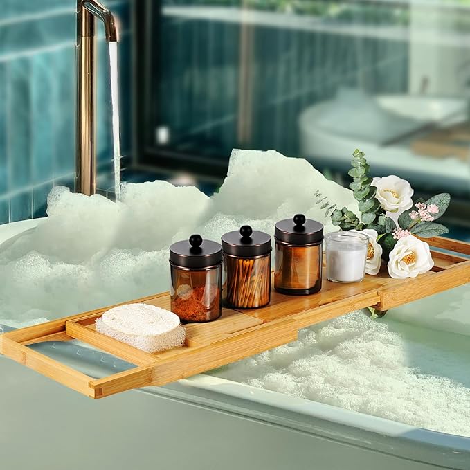 Amolliar Amber Glass Qtip Holder, Apothecary Jars with Oil Rubbed Bronze Metal Lid & Stickers-Bathroom Qtip Dispenser Storage Organizer Set,Vanity Counter Canister for Cotton Swabs,Round Floss(2 Pack)