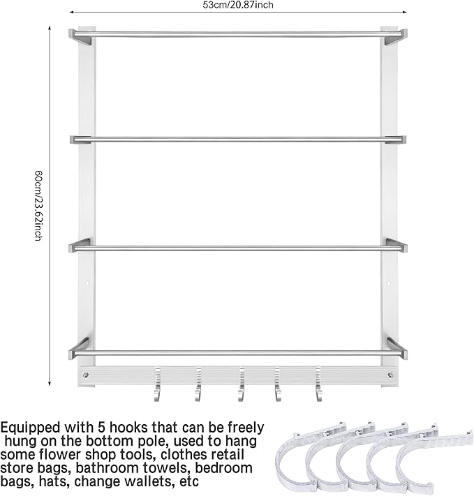 Wall-Mount Display Rack with 5 Hooks, Organizer Ribbon Holder Spool Roll Scarf &Tie Towel Storage Rack Sewing Craft Wrapping Paper Holder for Craft Room Retail Store Florist Home Bedroom