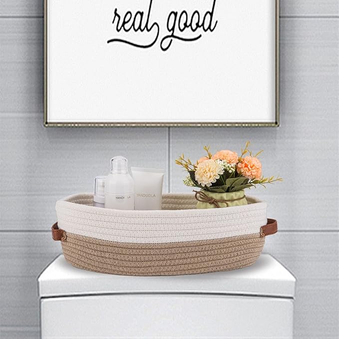 Cotton Rope Bathroom Decor Basket,Toilet Paper Holder Basket,Farmhouse Home Decor Organizing Baskets 13"x5.9"x4" Brown Stitching White