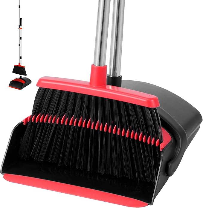 Broom and Dustpan Set, 52-in Long Adjustable Handle Broom with Dustpan Combo Set with Dust Pan Teeth for Home Office Kitchen Lobby Floor to Clean Pet Hair Indoor&Outdoor Cleaning