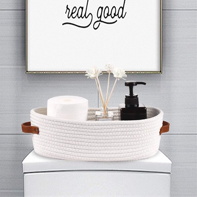 Woven Storage Basket for Toilet Tank Top,Farmhouse Home Decor Organizing Baskets for Bathroom,Table and Counter 13"x5.9"x4" White