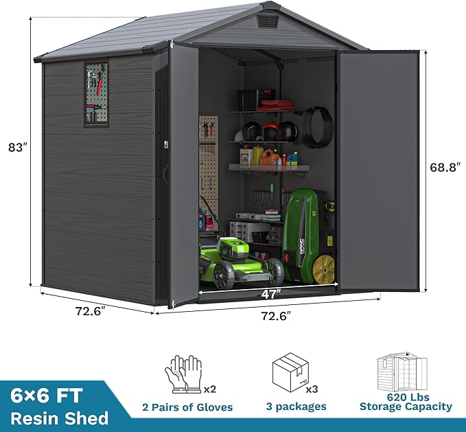 Devoko 6x6 FT Plastic Outdoor Storage Shed with Floor, Resin Garden Shed with Lockable Door and Window, Waterproof Outside Tool Storage Shed for Patio, Garden, Backyard, Dark Gray