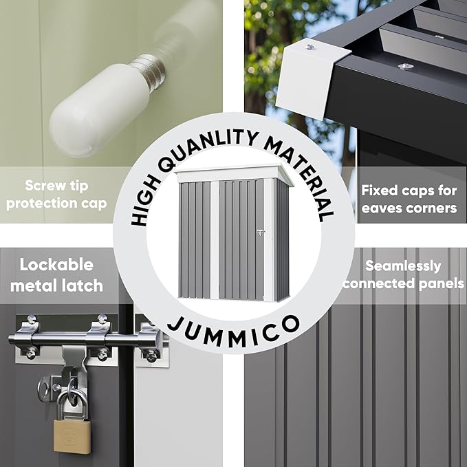 JUMMICO Metal Outdoor Storage Shed 5 x 3 FT Metal Shed with Lockable Door,Waterproof Garden Tool Shed Storage House for Backyard Patio Lawn,Grey