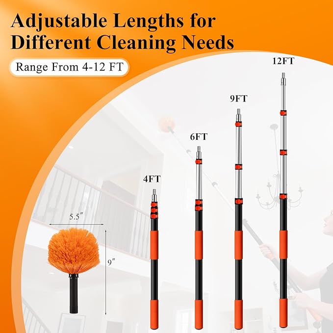 20ft High Reach Cobweb Duster with 12ft Heavy-Duty Extension Pole, Washable & Reusable Spider Web Brush for Indoor & Outdoor Cleaning, Soft Bristle Spider Web Cleaner for High Ceilings & Eaves