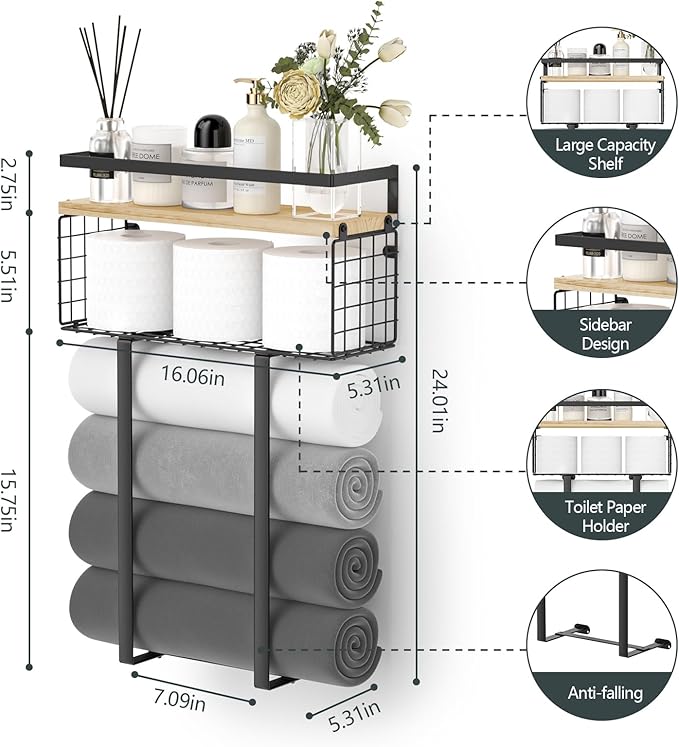 Towel Racks for Bathroom, Metal Towel Holder with Storage Basket,Wall Towel Rack for Rolled Towels, Towel Storage for Small Bathroom.