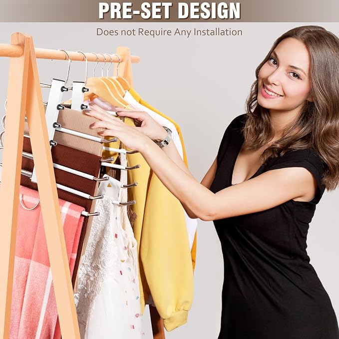 4 Pack 6-Tier Space Saving White Pant Hangers, Anti-Slip, Lightweight, Stainless Steel, Ideal for Closet Organization, Free Installation