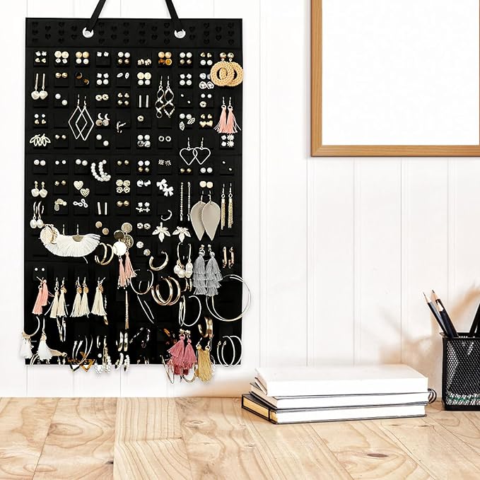 Hanging Jewelry Organizer Bag, Thickened Black Felt Storage Pouch with Multiple Pockets, Jewelry Felt Hanging Display Holder for Earrings Necklaces, Home Closet Accessory Organizer