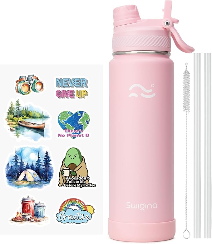 [2-IN-1 LID] Insulated Water Bottle with Silicone Boot (36hrs Cold/18hrs Hot) - DIY Stickers, Leakproof, BPA Free, 24 oz