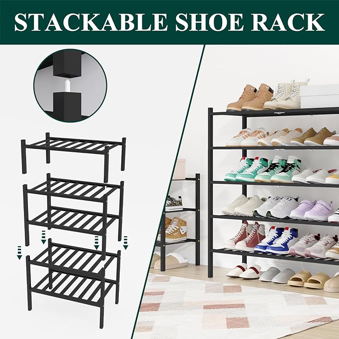 Smiry Shoe Rack, 5 Tier Long Bamboo Shoe Organizer, Stackable Free Standing Wooden Shoe Storage Shelf for Closet, Entryway, Front Door Entrance, Black