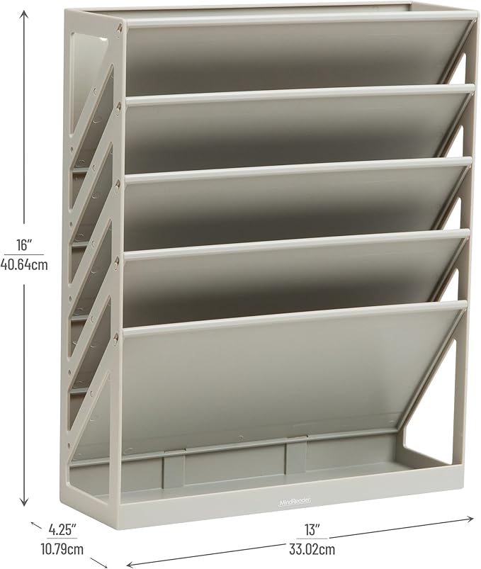 Mind Reader 5-Tier Vertical File Storage, Desktop Organizer, Wall Mount, Office, Plastic, 13"L x 4.25"W x 16"H, Beige