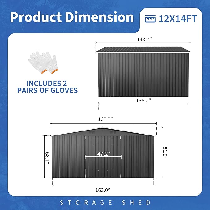 12x14 FT Storage Shed, Garden Shed with Lockable Doors and Updated Frame Structure, Metal Tool Sheds for Backyard Garden Patio Lawn, Black