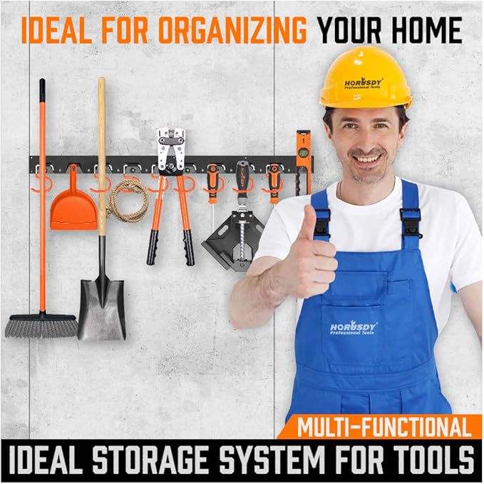HORUSDY 64'' Adjustable Wall Mount Tool Organizer, Garage Tool Storage System with Heavy Duty Hooks, Tool Hangers for Broom, Mop, Shovel, Rake & Garden Tools