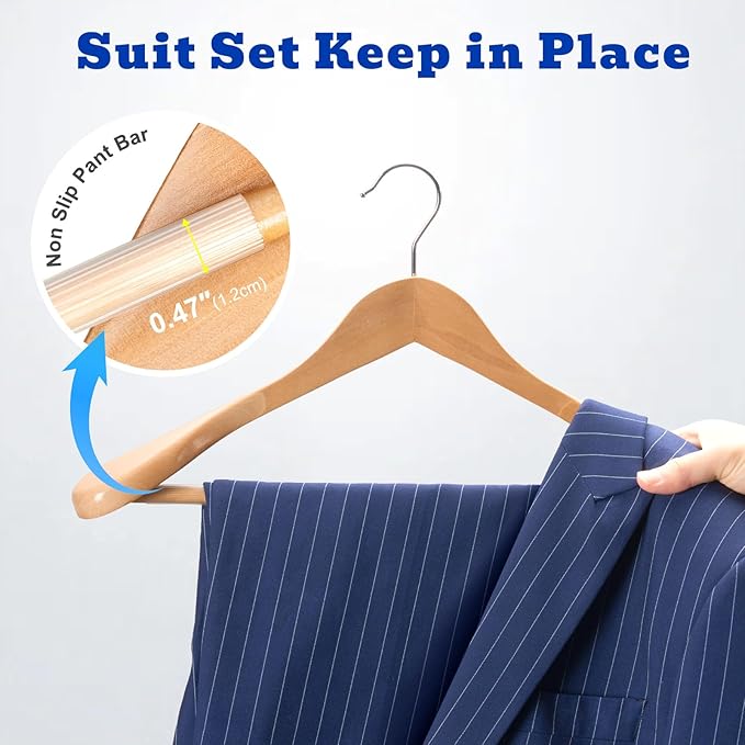 HOUSE DAY Wide Shoulder Wooden Hangers, Suit Hangers with Non Slip Pants Bar, Smooth Finish 360° Swivel Hook High-Grade Solid Wood Coat Hangers for Dress, Jacket, Heavy Clothes Hanger 6 Pack (Natural)