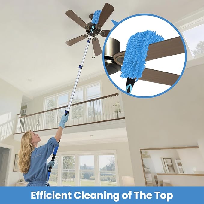 25ft High Ceiling Duster Kits with 5-18ft Heavy Duty Extension Pole - Fan Blade Cleaner, Cobweb Remover & Blue Window Squeegee Kit, Washable Dust Brush for High Roof and Glass Surfaces