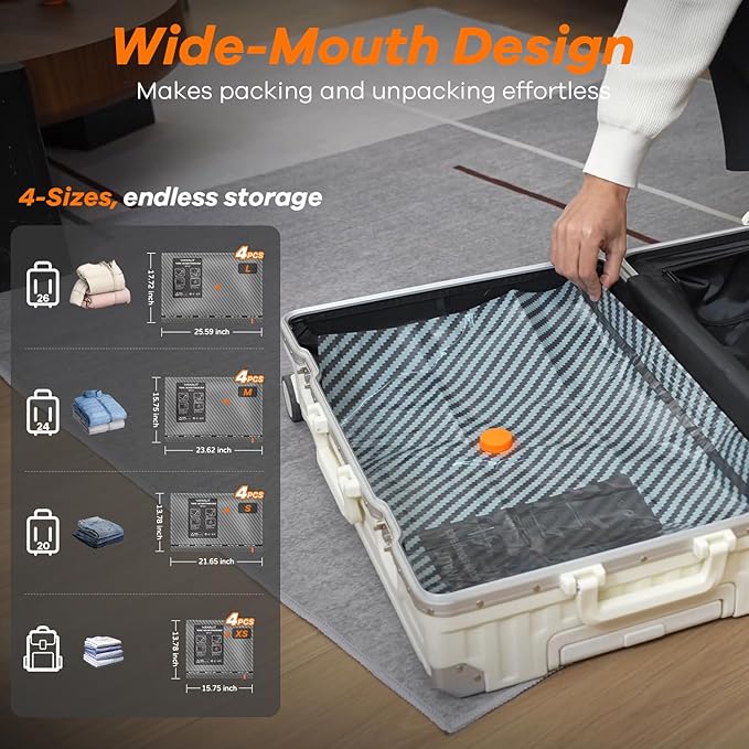 Travel Vacuum Storage Bags with Wireless Rechargeable Electric Pump, 16 Pack Travel Essentials Vacuum Seal Bags for Clothing, Space Saver Compression Packing Bags for Luggage, Suitcase, Backpack, Home