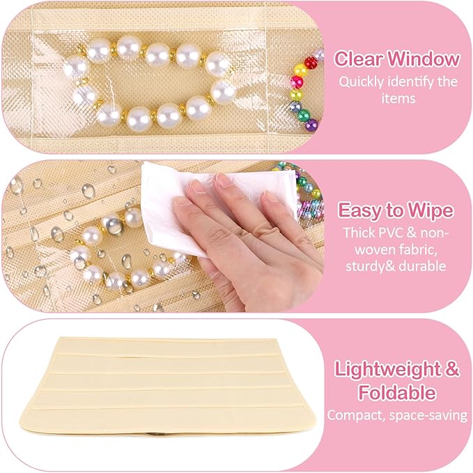 Hanging Jewelry Organizer for Closet with Swiveling Hanger, 17 x 30 In, 80 Clear Pockets Jewelry Organizer Hanging for Jewelries, Earrings, Accessories (Beige)