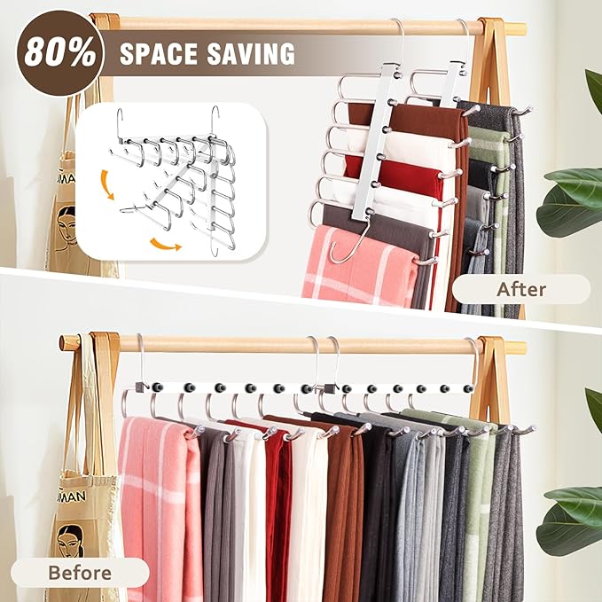 Space Saving 6 Tier Pant Hangers, Anti-Slip, Lightweight, Stainless Steel, 2 Pack, White
