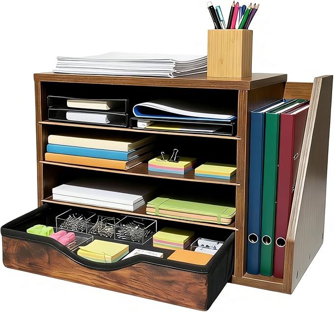 Wooden file Organizer with Drawer, Office Wood Desk Organizer with drawers, with 4 Adjustable Shelves, Mail Sorter with Drawer, Office Desk Paper Holder, Brown