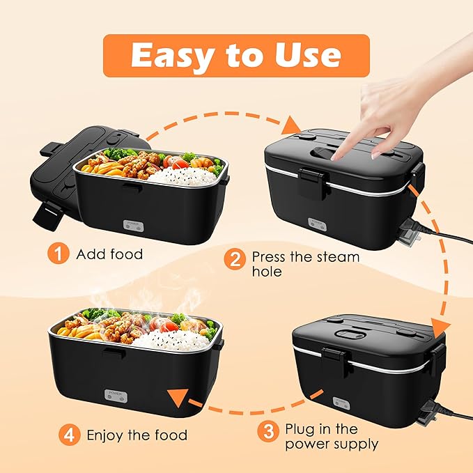 Electric-Lunch-Box-Heated-Food-Warmer 100W Heating Lunchbox for Adults 1.8L Portable Food Heater for Work/Car, 12V/24V/110-230V Lonchera Eléctrica Portátil with Fork Spoon (Black)