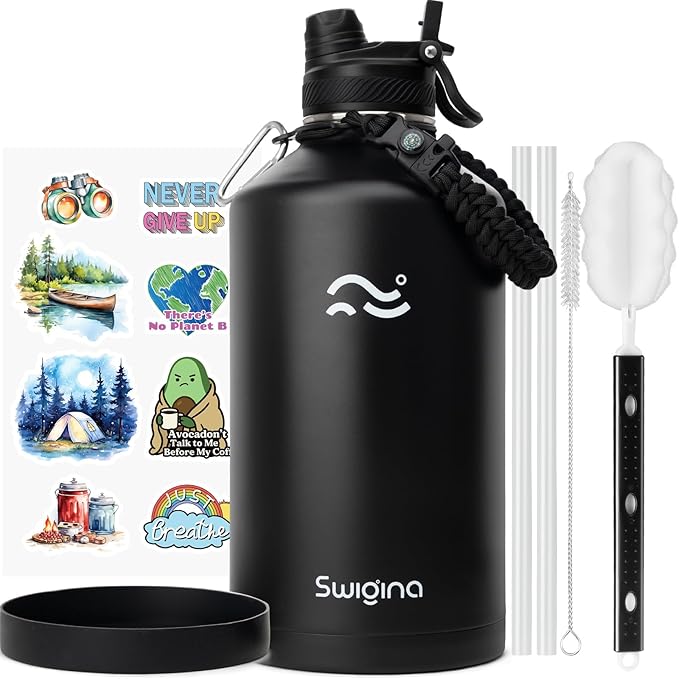 1 Gallon Insulated Water Bottle with Silicone Boot (48hrs Cold/24hrs Hot) - DIY Stickers, Leakproof, BPA Free, 128 oz [2-IN-1 LID]