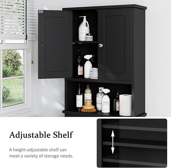 Meilocar Over The Toilet Storage Cabinet for Bathroom, Black Bathroom Storage Over Toilet, Space Saver W/Adjustable Shelf and Open Shelf, Black