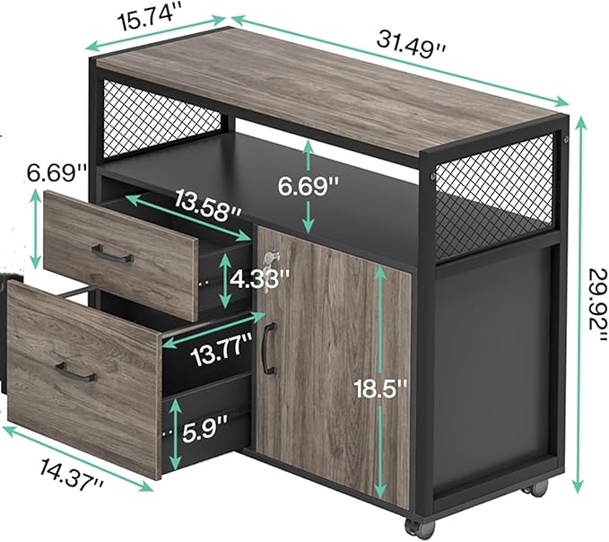 Tribesigns Modern File Cabinet with Drawers for Letter-Sized File and Door, Lockable lateral Filing Cabinet Printer Stand with Storage Shelves and with Rolling Caster for Home Office (Dark Walnut)
