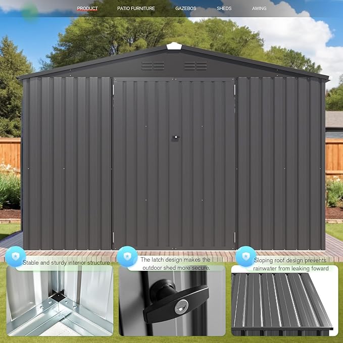 AECOJOY 8' x 10' Outdoor Storage Metal Shed, Dark Grey Steel Yard Shed & Outdoor Storage Clearance with Design of Lockable Doors, Utility and Tool Storage for Garden, Backyard, Patio, Outside use