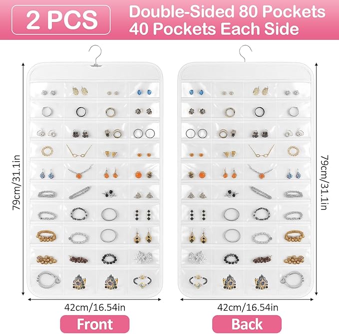 Hanging Jewelry Organizer for Closet with Swiveling Hanger, 17 x 30 In, 80 Clear Pockets Jewelry Organizer Hanging for Jewelries, Earrings, Accessories (Beige) (2, White)