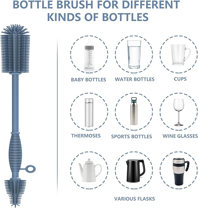 Silicone Bottle Brush,Double Sided with Sturdy Handle,Easy to Clean & Scratch-Free Brush for Baby Bottles,Sports Bottles,Insulated Bottles and 30/40 oz Tumblers (Blue)