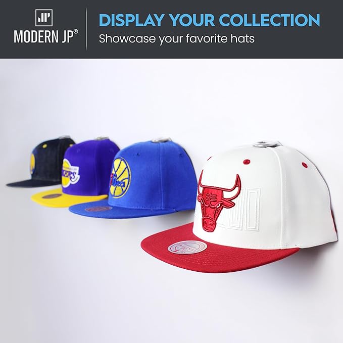Modern JP Adhesive Hat Hooks for Wall (16-Pack) - Hat Rack for Baseball Caps, Minimalist Hat Display, Strong Hold Hat Hangers for Wall - USA Patented, Clear