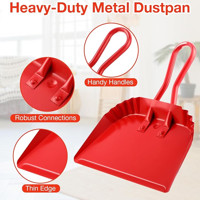 Mumufy 2-Pack Heavy Duty Stainless Steel Red Dustpan - 12" Wide Metal Edge for No-Leak Sweeping, Rust-Resistant for Home Garage Studio Courtyard Indoor Outdoor