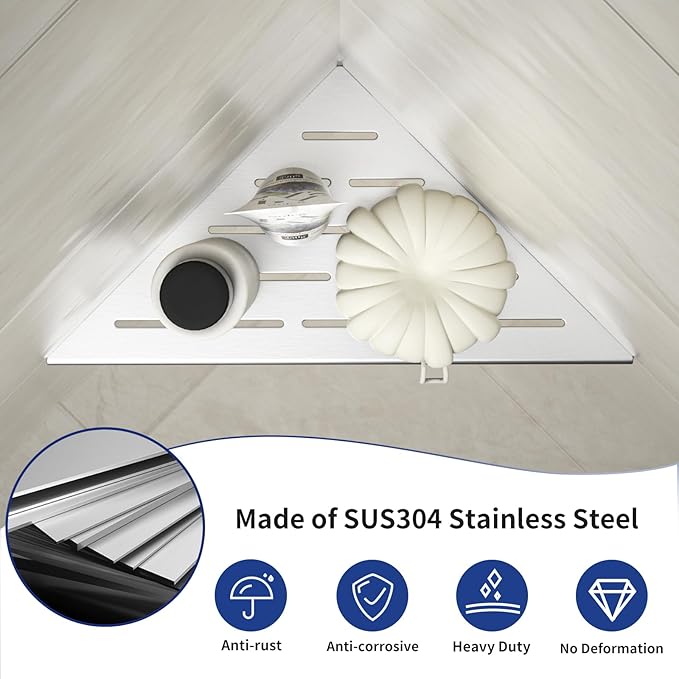 Corner Shower Shelf 10", Brushed 304 Stainless Steel Slot Design Recessed Corner Shelves Bathroom Grout in Shelf for Tiled Wall, 2 Pack