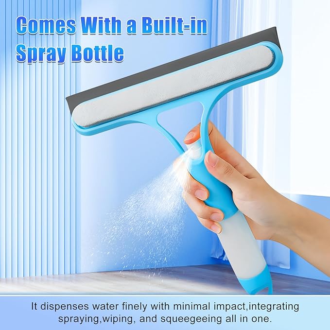 3 in 1 Window Cleaning Scraper,3 in 1 Spray Squeegee,Window Squeegee with Spray,Windows Squeegee Cleaner Tool with SprayBottle,All-Purpose Shower Glass,Mirrors,Car,Home Window Cleaner Tool(White+Blue)