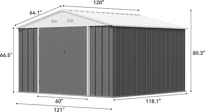 Patiowell 10x10 FT Storage Shed, Outdoor Metal Sheds with Lockable Door and Sloping Roof, Waterproof Outside Large Garden Tool Shed with Breathable Vents for Patio Lawn Backyard, Gray